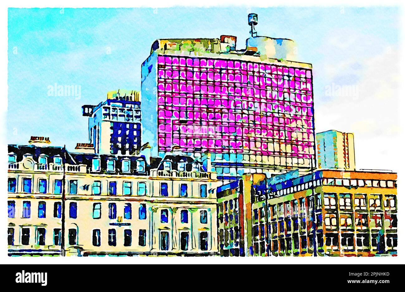 Leute machen Glasgow-Schild auf dem hohen Turmgebäude im Stadtzentrum Stockfoto
