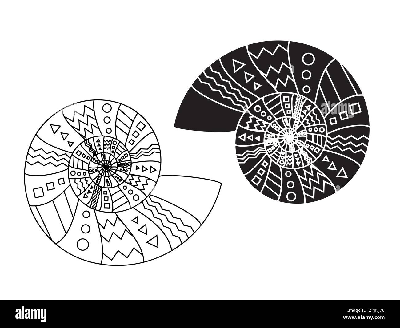 Schneckenschale mit geometrischem Muster. Symbol für Spiralgehäuse. Linienkontur und Glyphe-Darstellung. Vektorgrafik Stock Vektor