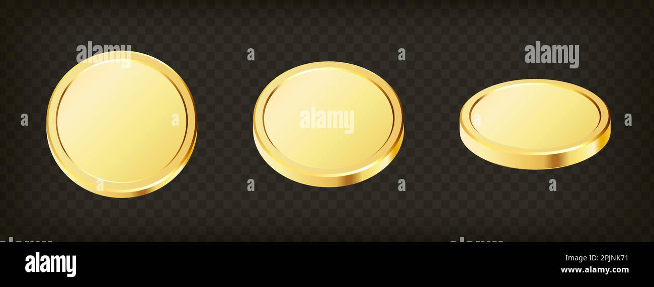 Satz rotierender Goldmünzen auf transparentem, isoliertem Hintergrund. Set aus goldenem Geld. Anwendbar für Glücksspiele, Jackpot oder Bank oder Finanzillustrat Stock Vektor
