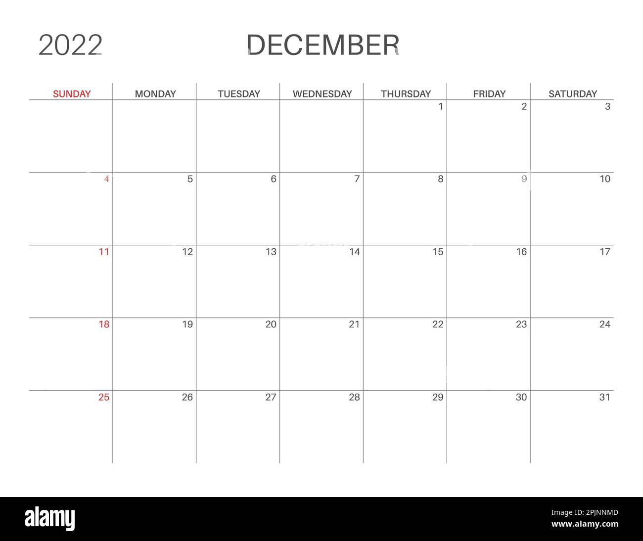 Kalender 2022. Dezember-Monat. Beginn der Montag-Woche. Druckbare Kalendervorlage für Planer. Wochennummer. Minimalistischer Stil. Stock Vektor