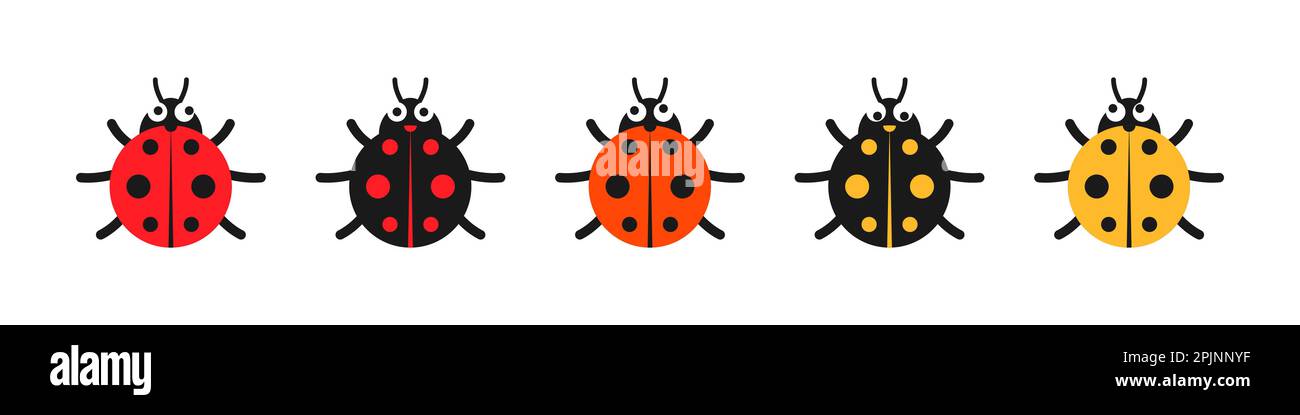 Marienkäfer oder Marienkäfer lustige und niedliche Charaktere. Marienkäfer mit großen Augen. Rot, schwarz, gelb gefärbte Lady-beatles auf isoliertem Hintergrund. Vektorgrafik Stock Vektor