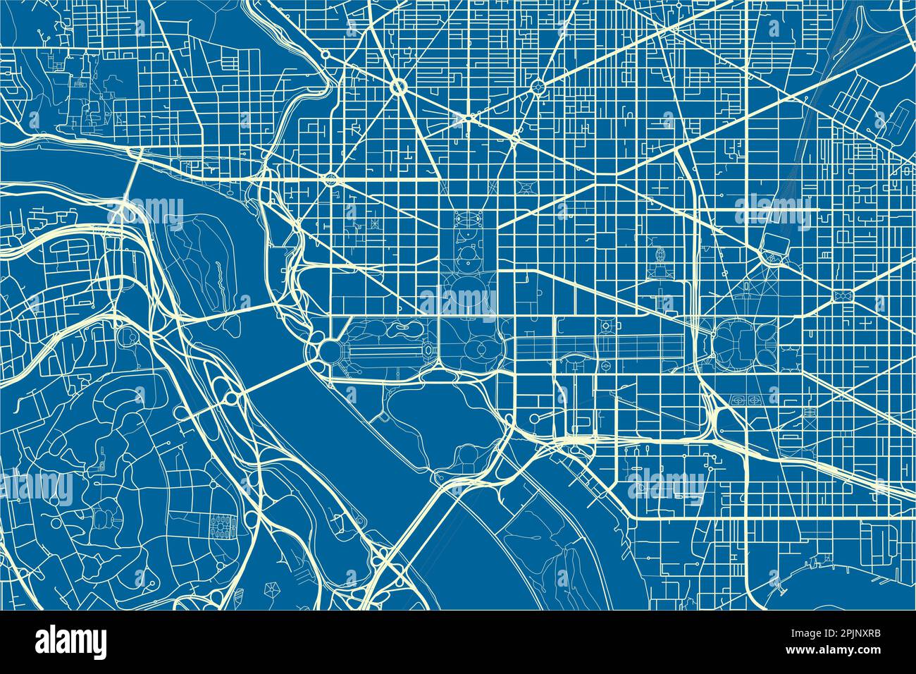 Blau-weißer Vektor-Stadtplan von Washington, D.C. mit gut organisierten getrennten Schichten. Stock Vektor