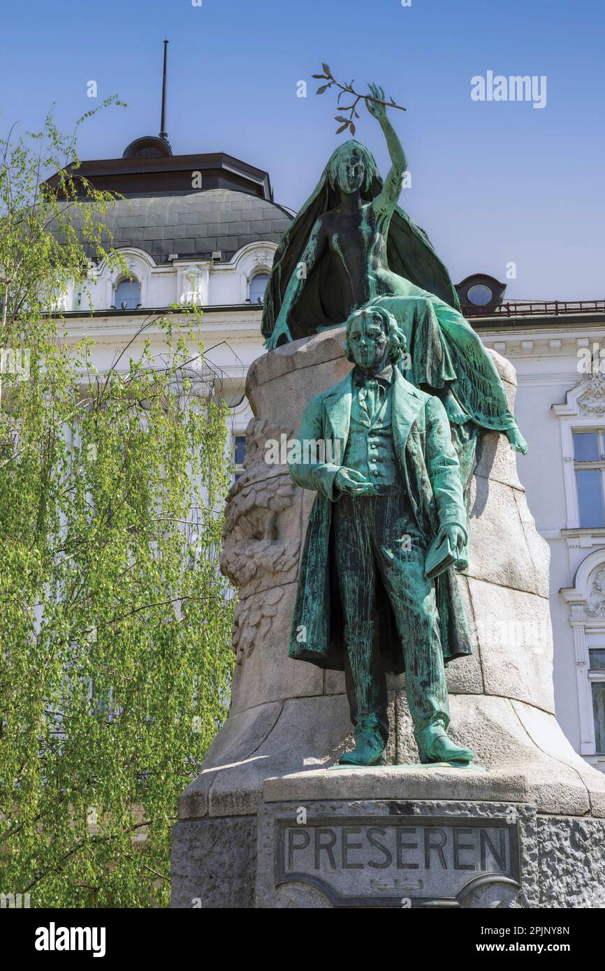 Ljubljana, Slowenien. Denkmal für France Preseren auf dem Preseren-Platz. France Preseren 1800 - 1849. Romantischer slowenischer Dichter. Stockfoto