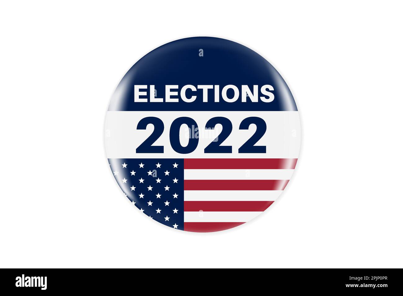 Realistischer Kreis Vote Aufkleber oder Abzeichen mit uns amerikanischen Flagge. US, USA, amerikanische Wahl, Stimmschild. Zwischenwahlen 2022. Abzeichen für die verantwortliche Abstimmung Stock Vektor