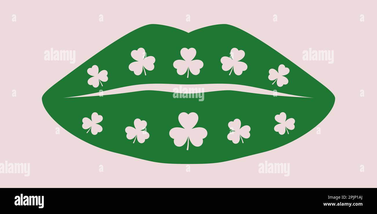 Ein Glückskuss. Grüne Lippen mit Shamrock. Irischer Kuss. 3 Blatt Klee. St. Patricks Day-Klick. Vektordarstellung Stock Vektor