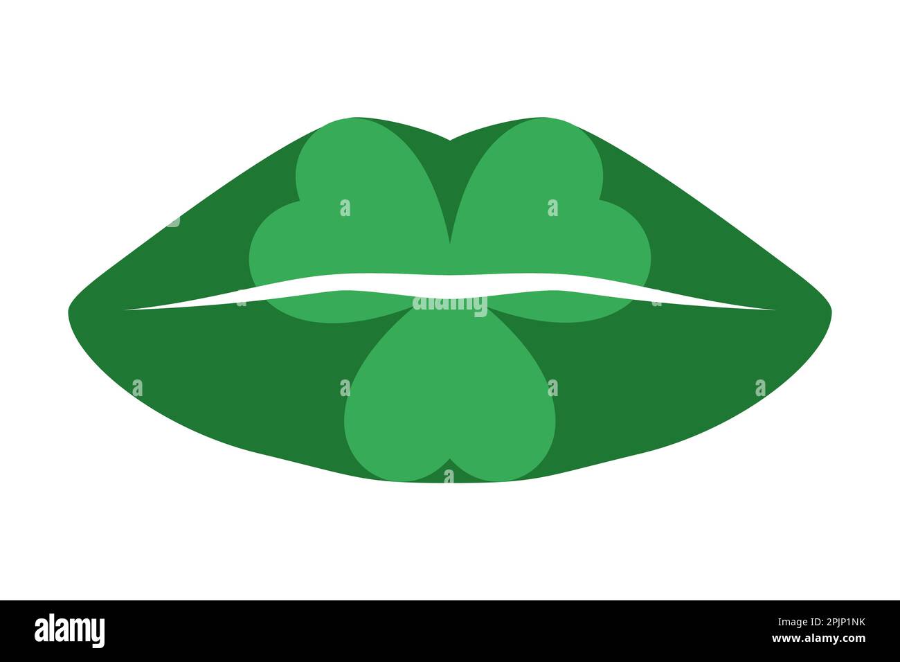 Ein Glückskuss. Grüne Lippen mit Shamrock. Irischer Kuss. 3 Blatt Klee. St. Patricks Day-Klick. Vektordarstellung Stock Vektor