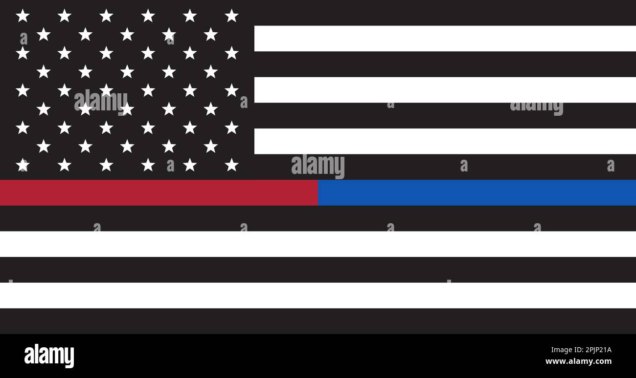 Schwarz-weiße US-Flagge mit roter und blauer Linie. Flagge DER US-Polizei und der Feuerwehr. Die blaue und rote Linie. Patriotisches Symbol. USA. Vektordarstellung Stock Vektor
