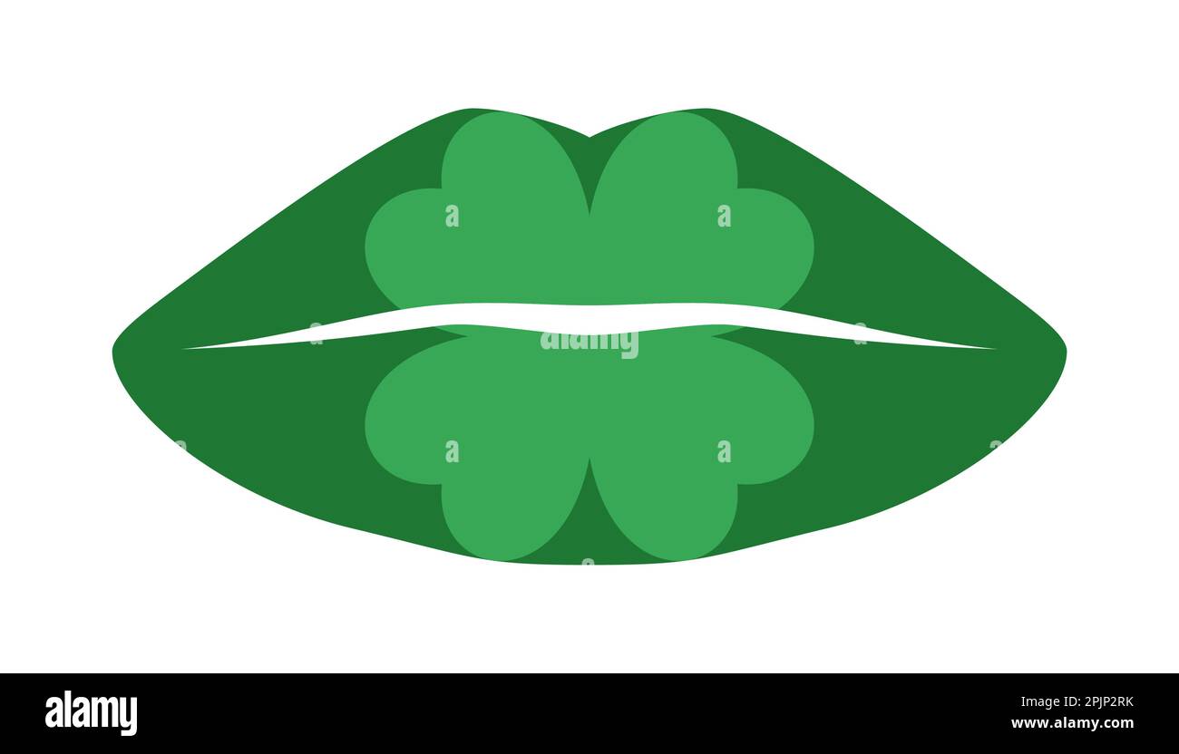 Ein Glückskuss. Grüne Lippen mit Shamrock. Irischer Kuss. 4 Blatt Klee. St. Patricks Day-Klick. Vektordarstellung Stock Vektor
