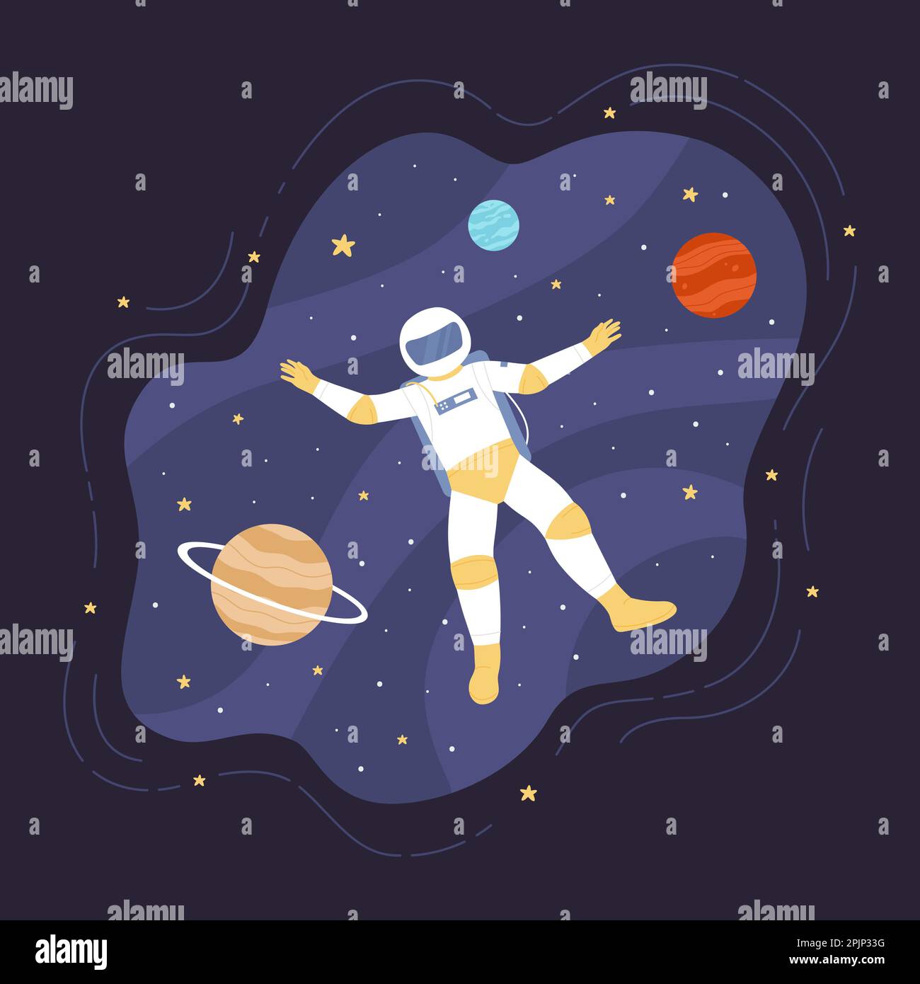 Astronaut schwebt im Weltraum ohne Schwerkraftvektordarstellung. Cartoon verlor Raumfahrer im Helm und Raumkutsche flogen in den Entdeckungsraum, ungewöhnliche Mission und Reise des Kosmonauten im Sonnensystem Stock Vektor