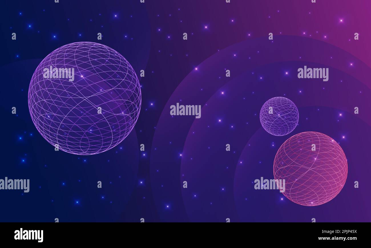 Blauer und violetter virtueller Raum mit Planeten und Sternen. Und Farbverlauf. Digitale Welt, futuristischer Hintergrund. Stock Vektor