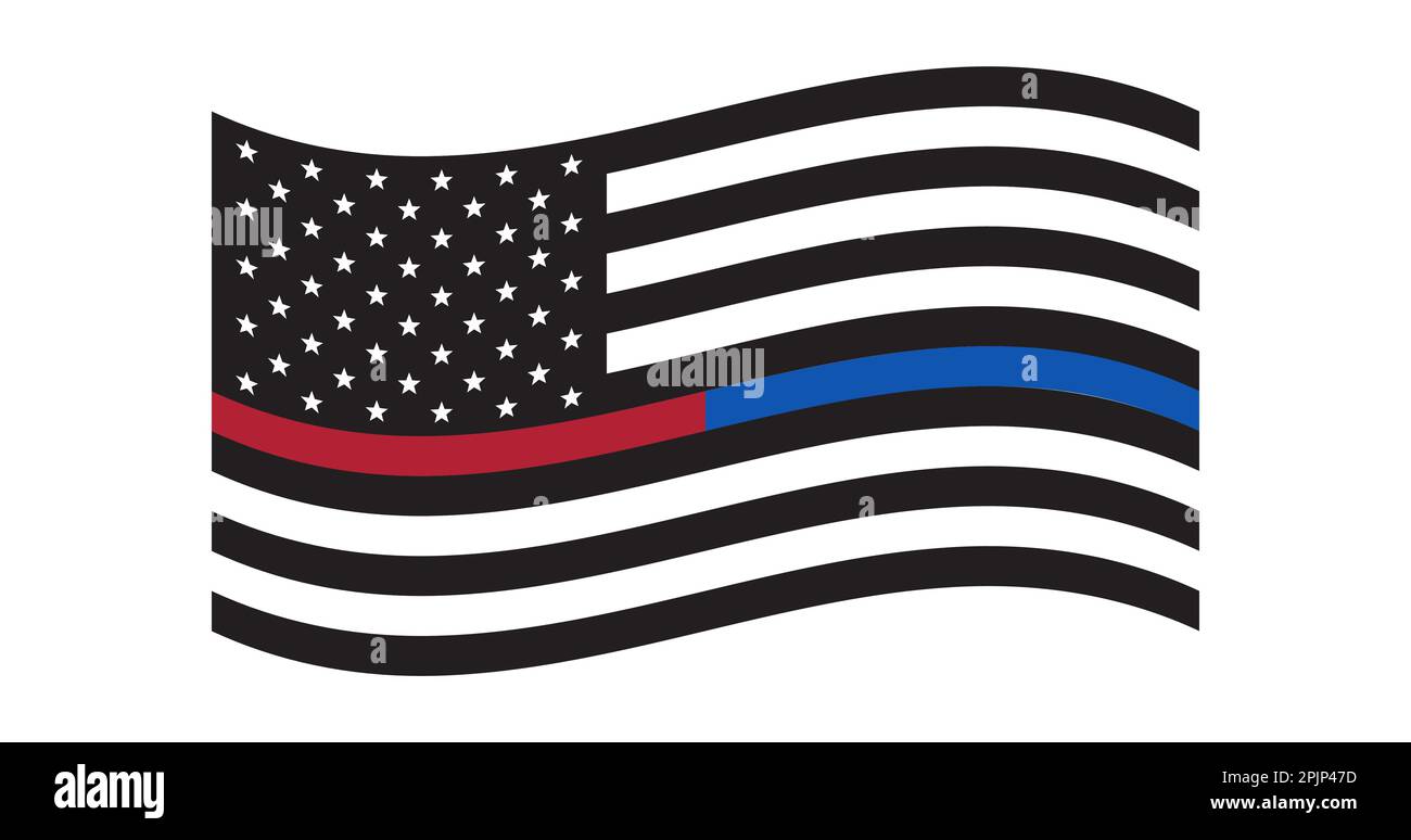 Schwarz-weiße US-Flagge mit roter und blauer Linie. Flagge DER US-Polizei und der Feuerwehr. Winken. Die blaue und rote Linie. Patriotisches Symbol. USA. Vector Illustrati Stock Vektor