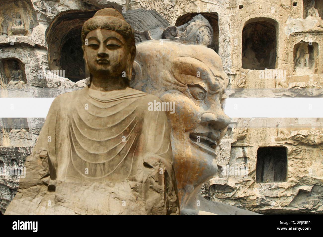 Longmen Grotten sind eine Reihe von Felsschreinen, in denen buddhistische Themen dargestellt werden, eine UNESCO-Weltkulturerbestätte ist eine der berühmtesten Stätten in Chin Stockfoto