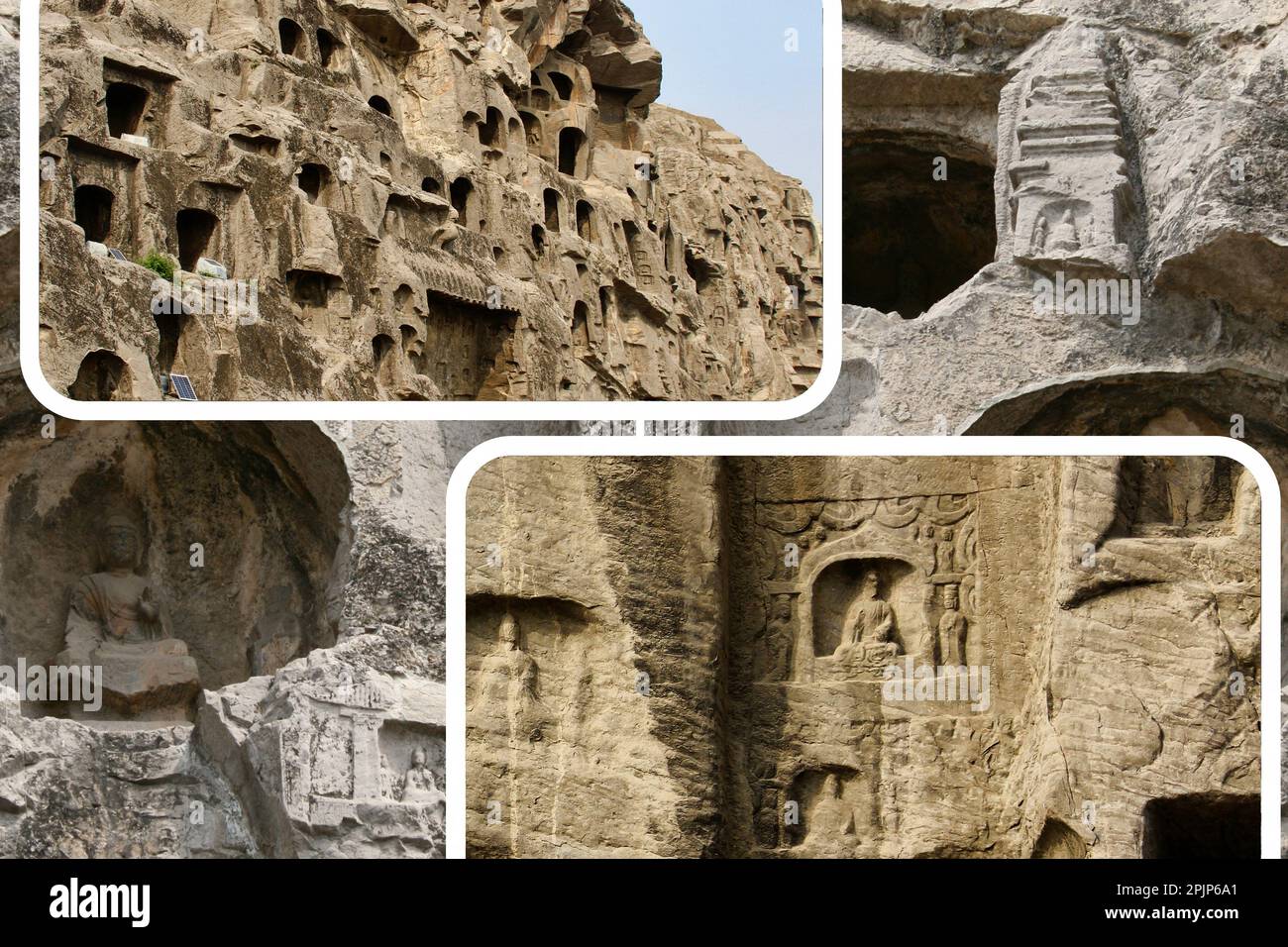 Longmen Grotten sind eine Reihe von Felsschreinen, in denen buddhistische Themen dargestellt werden, eine UNESCO-Weltkulturerbestätte ist eine der berühmtesten Stätten in Chin Stockfoto