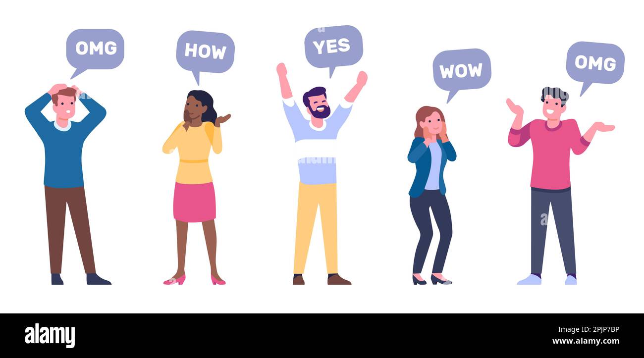 Überraschte Männer und Frauen sagen "wow". Menschliche Ausdrücke. OMG