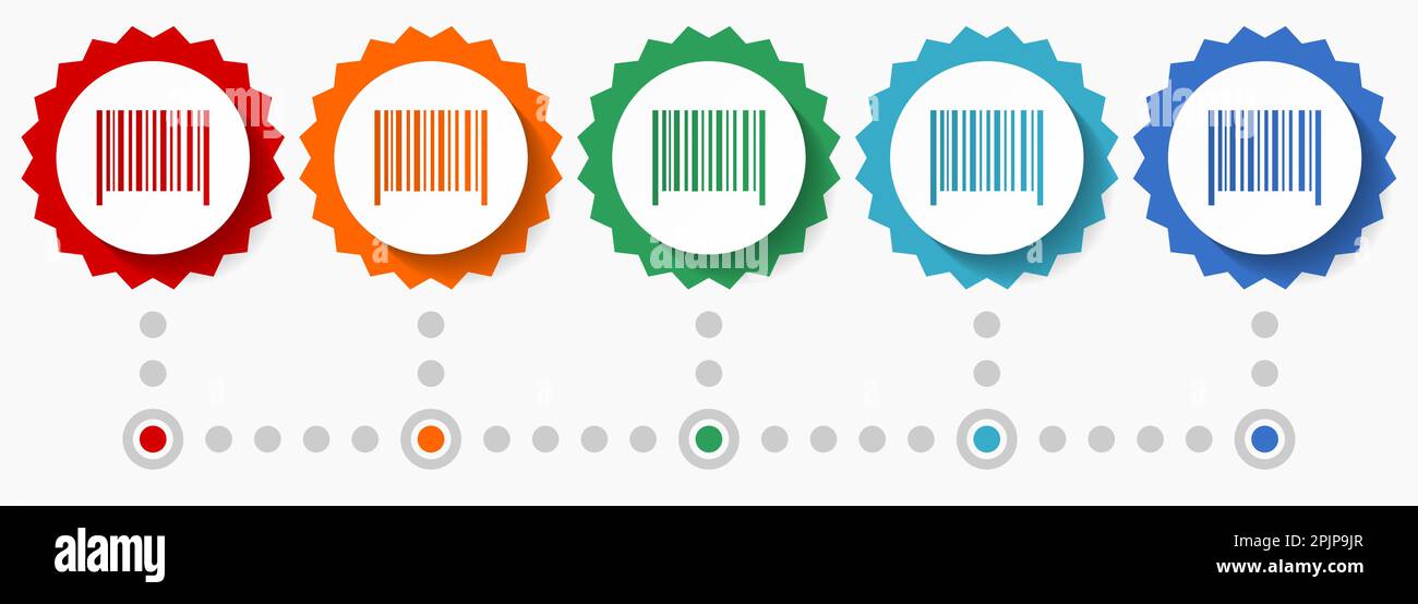 Barcode-Vektor-Symbolsatz, farbenfrohe Infografik-Vorlage, Satz flacher Badge-Symbole in 5 Farboptionen Stock Vektor