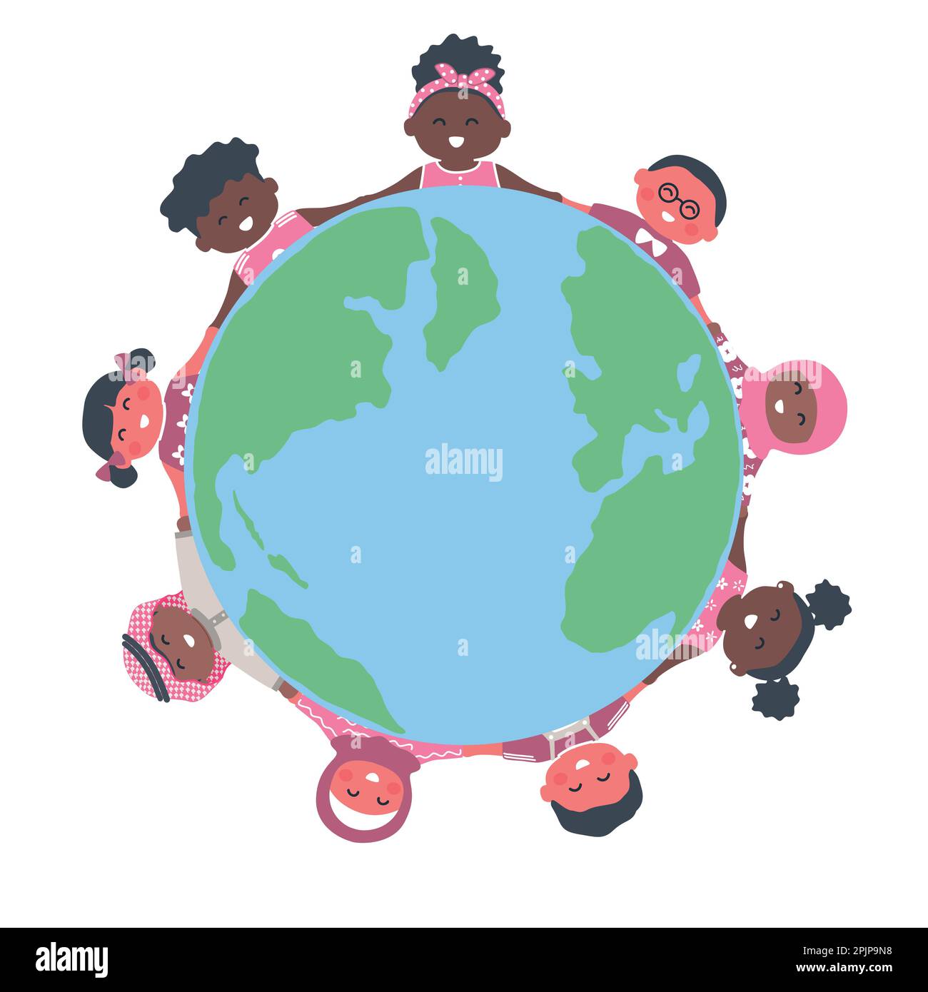 Kinder auf der Weltkarte. Multikulturelle Gruppe von Kindern. Fröhliche Mädchen und Jungen. Vektordarstellung Stock Vektor