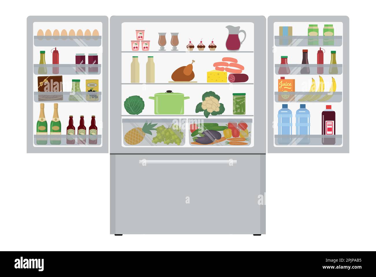Kühlschrank mit offenen Türen, voller Essen. Es gibt eine Champagnerflasche, eine Schachtel Pralinen, Saft, Wurst, Bananen, Eier, Ketchup und andere Lebensmittel Stock Vektor