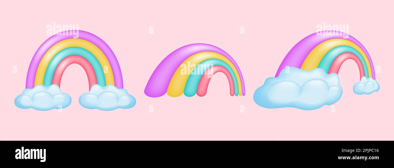 Kollektion mit 3D Regenbögen in lebendigen Farben. Cartoon-Regenbogen in verschiedenen Positionen, mit und ohne Wolken. Vektordarstellung. Stock Vektor