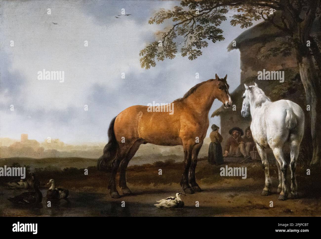 Abraham van Calraet Gemälde, Landschaft mit Figuren und Pferden; niederländischer Maler aus dem Goldenen Zeitalter, 17. Jahrhundert, 1600er alter Meister Stockfoto