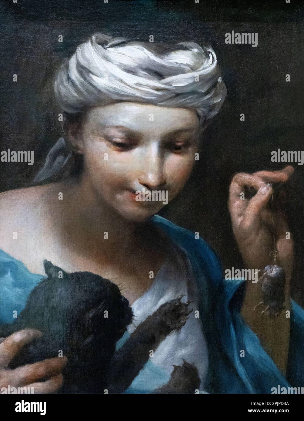 Giuseppe Maria Crespi Malerei; Ein Mädchen, das eine Katze mit einer toten Maus ärgert. Italienischer spätbarocker Maler der Bolognesischen Schule aus dem 18. Jahrhundert. Stockfoto