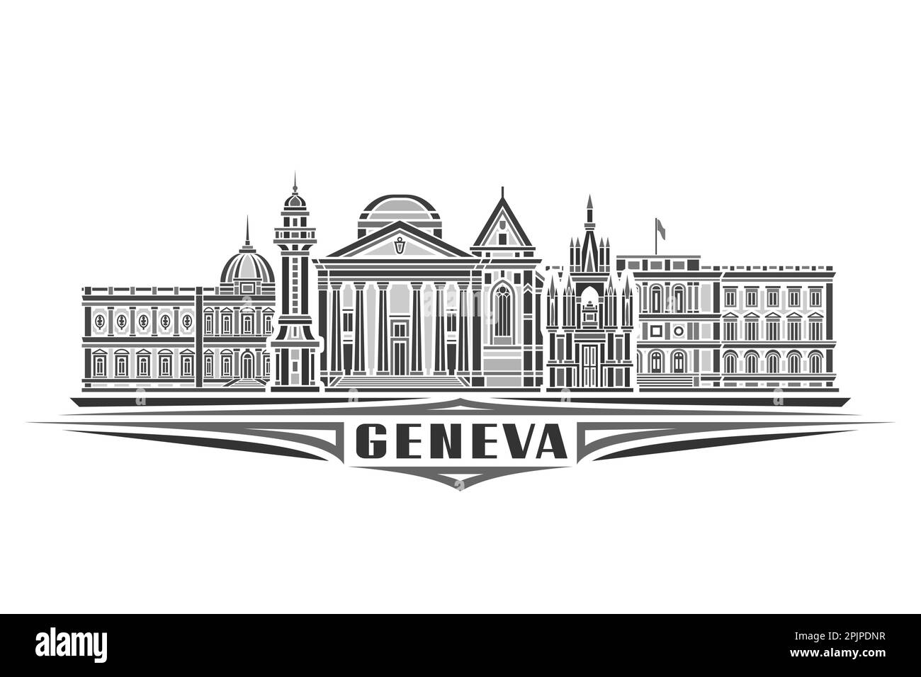 Vektordarstellung von Genf, monochrome horizontale Karte mit linearem Design genfer Stadtlandschaft, europäisches historisches Linienkunstkonzept mit dekorativem Let Stock Vektor