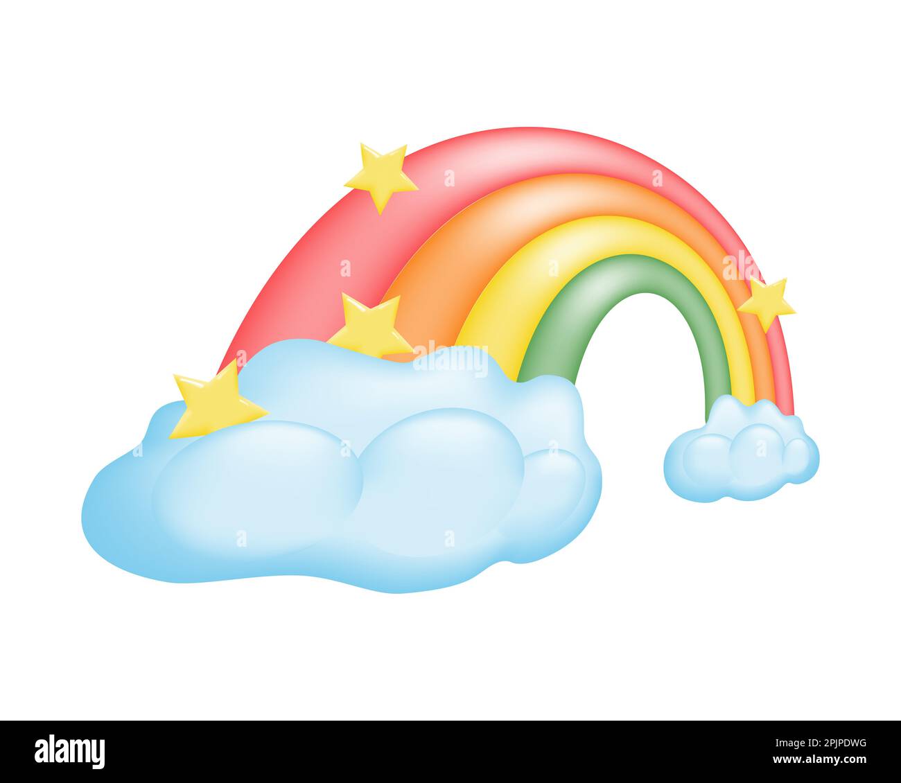 Süße 3D-Zeichentrickfilm-Regenbogen-Illustration mit flauschigen Wolken und Sternen auf weißem Hintergrund. Für Magie in jedem Projekt. Lebendige Farben und verspieltes Design. Stock Vektor