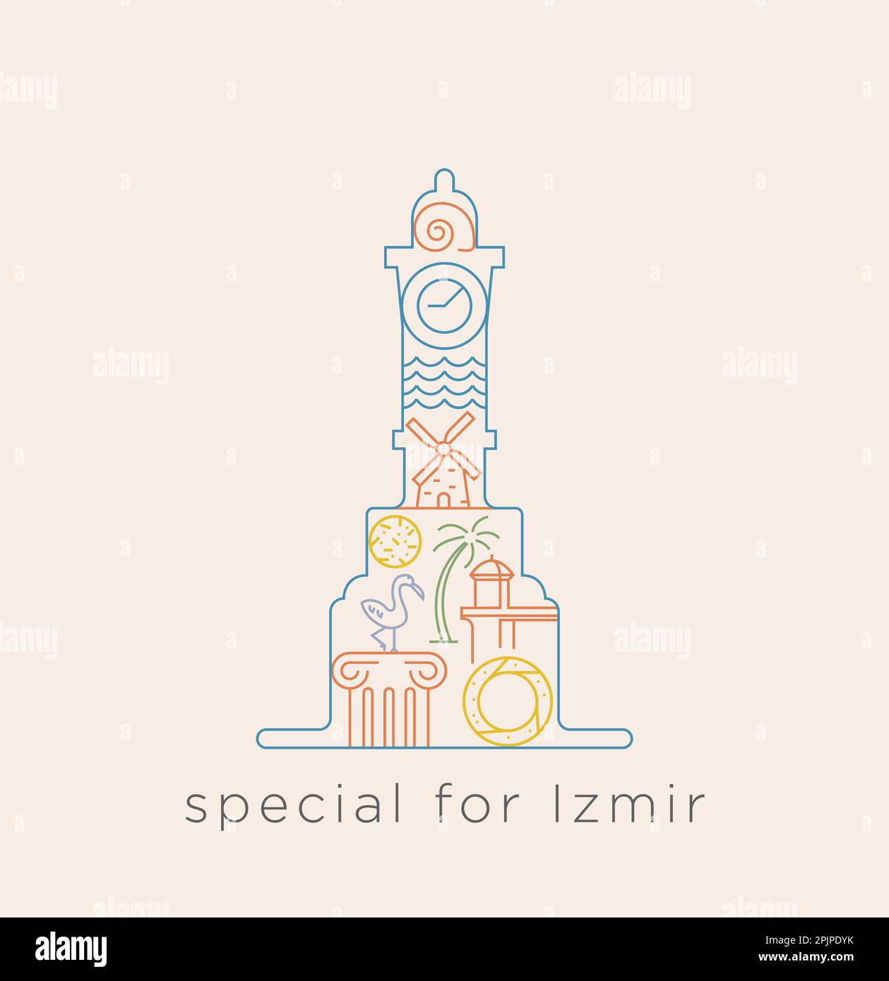 Spezielle Icon-Serie für Izmir. Collage izmir mit historischen Stätten, Alacati Windmühle, Flamingo, Meer, Schnecke, Historischer Fahrstuhl, Bagel Stock Vektor