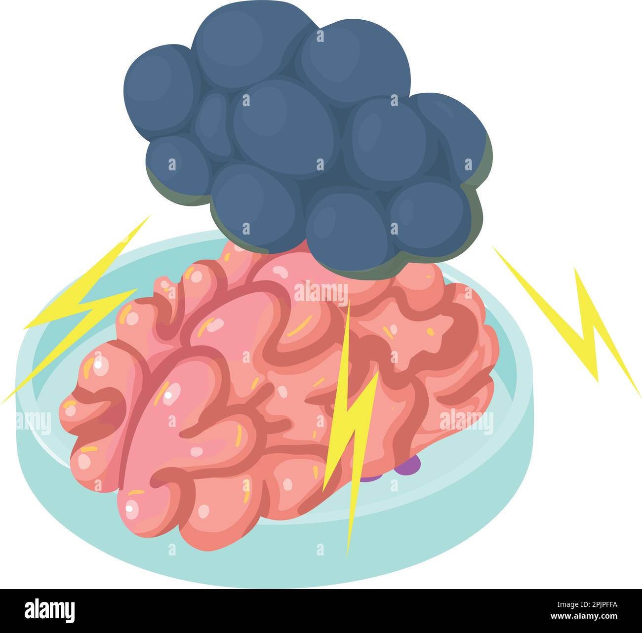 Isometrischer Vektor für das Symbol für Hirnerkrankungen. Wolke mit Blitz über dem Gehirn, Petrischale. Bakterielle Infektion, Krankheitskonzept Stock Vektor