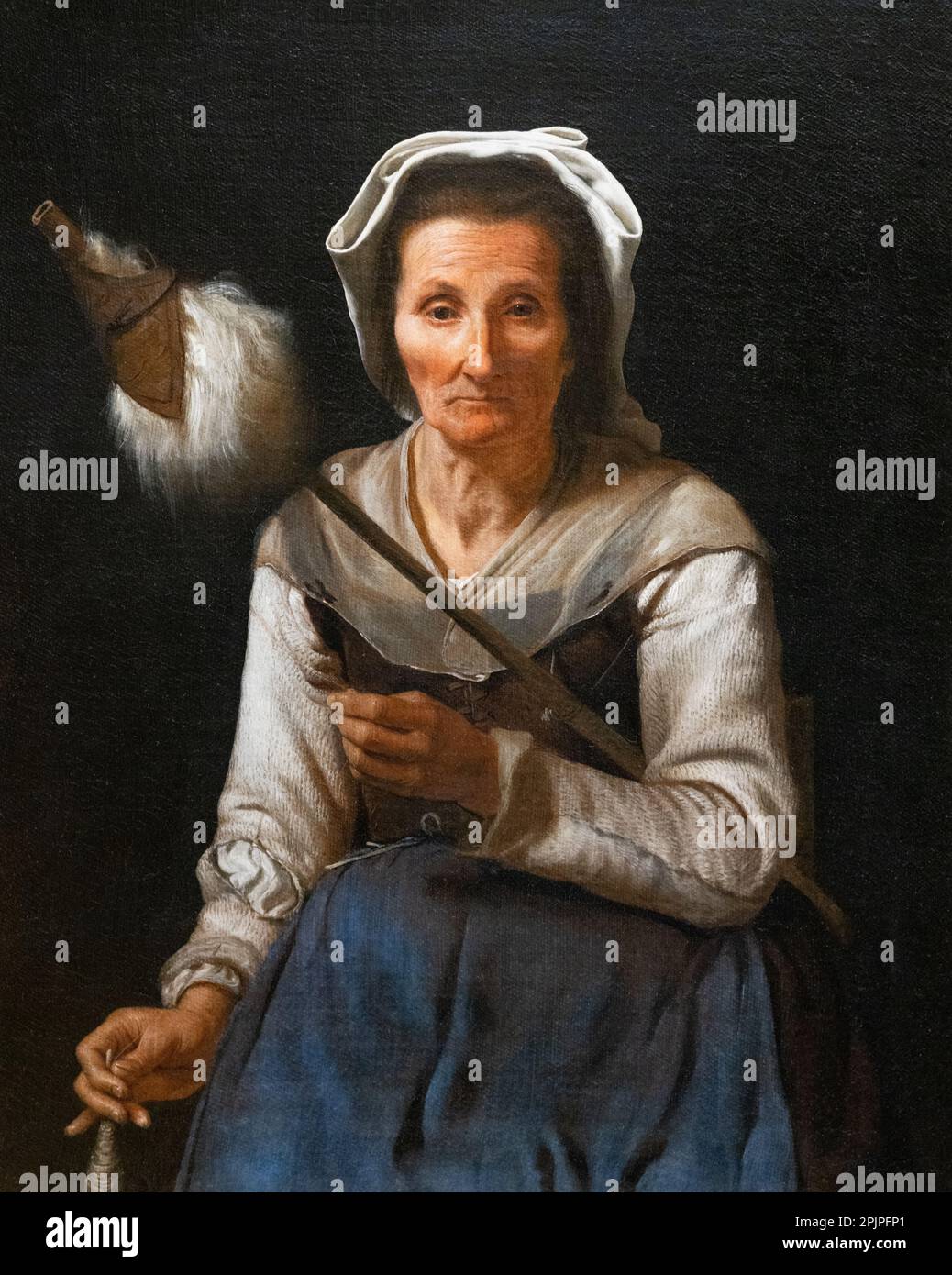 Michiel Sweerts Gemälde; Porträt einer Old Woman Spinning, c. 1647; Flämische Künstlerin, geboren in Brüssel. Flämische Gemälde 1600er. Stockfoto