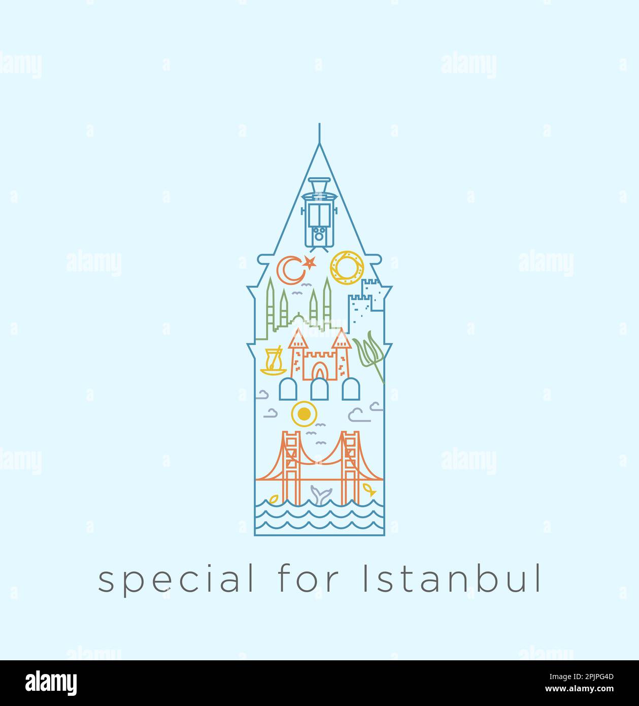 Spezielle Icon-Serie für Istanbul. Collage über historische Orte, Moscheen, Brücke, Bagel, Tee, Innerhalb der Linie des Galata-Turms. Stock Vektor