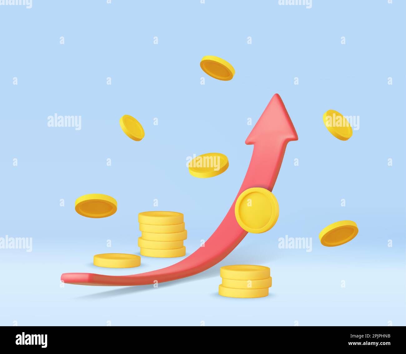 3D-Aktiendiagramm mit Symbol für die Investition von Münzen, Diagramm für Aufwärtstrend am Aktienmarkt Stock Vektor
