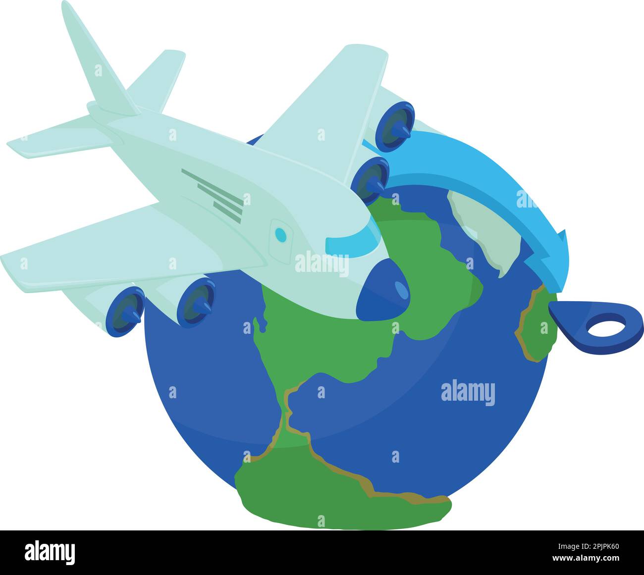Isometrischer Vektor des Symbols für Flugreisen. Das Flugzeug fliegt rund um den Globus zum Zielort. Flug, Tourismus, Reisen Stock Vektor