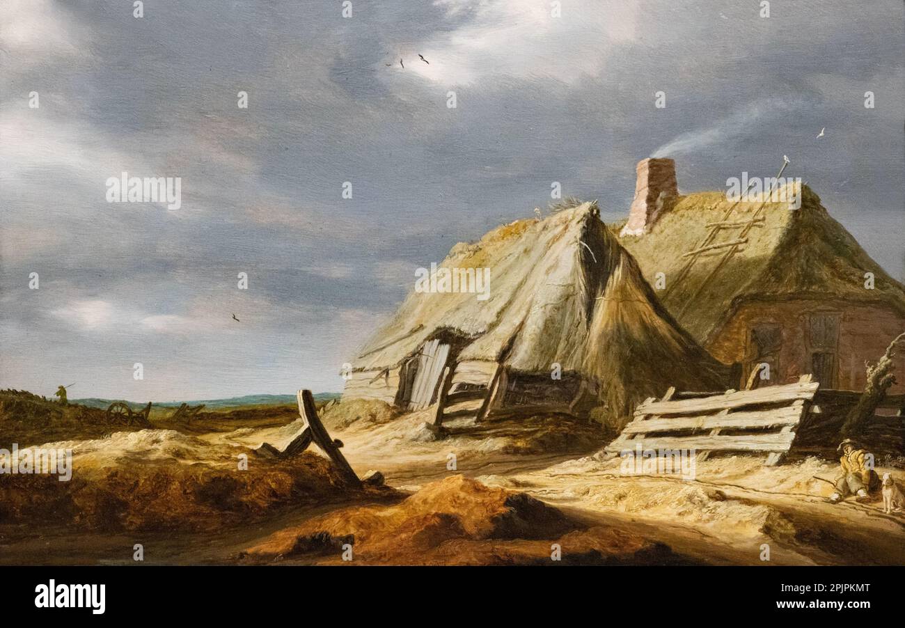 Salomon van Ruysdael Gemälde; Bauernhäuser in einer Landschaft von 1628; niederländischer Landschaftskünstler aus dem Goldenen Zeitalter und Maler aus dem 1600er. Bis 17. Jahrhundert Stockfoto