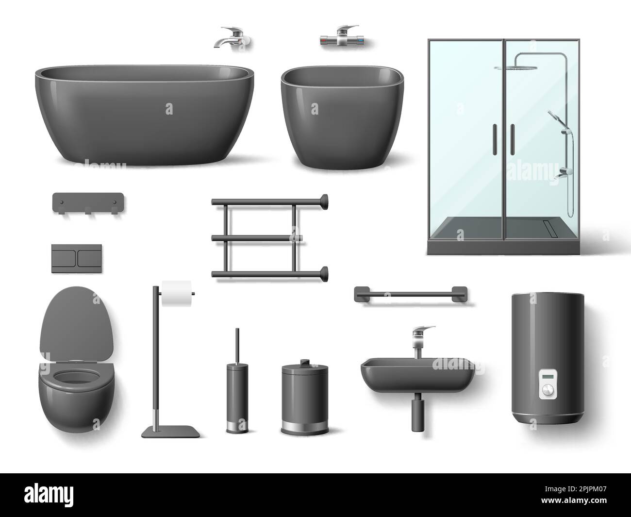 Realistische schwarze Badezimmerelemente. Waschbecken aus dunkler Keramik und Acryl, Toilette, Bidet und Duschkabine und -Boiler, Innenbereich mit 3D isolierten Objekten, Innenbereich Stock Vektor