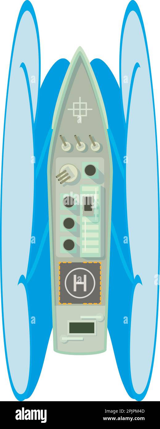 Isometrischer Vektor des Kriegsschiffsymbols. Großes modernes Militärschiff und Symbol für Meereswellen. Kriegsschiff, Marine, Draufsicht Stock Vektor