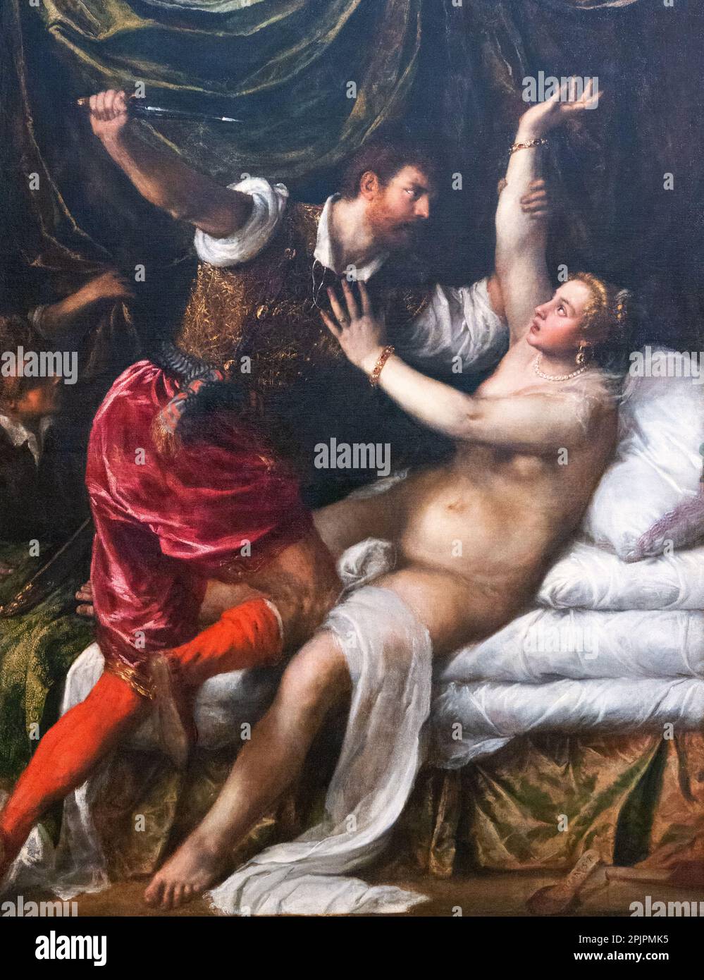 Tizianisches Gemälde, italienisches Renaissance-Gemälde; Tarquin und Lucretia, 1571; Beispiel für Renaissance-Vergewaltigung, Vergewaltigungsopfer und Messerverbrechen; Kunst des 16. Jahrhunderts. Stockfoto