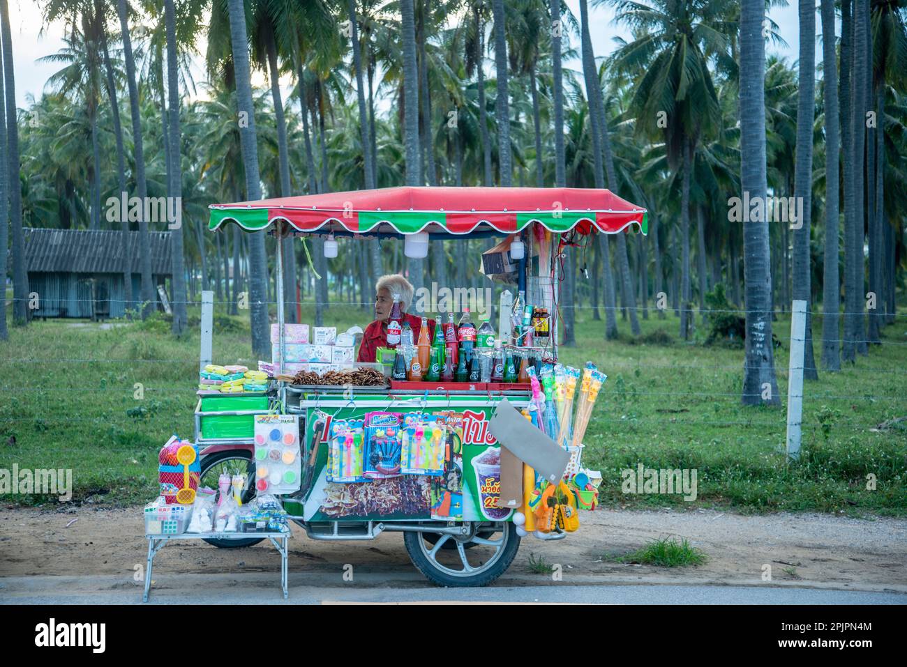 Ein Nachtmarkt an der Küste und Palmtree Plantation am hat Pak Nam Pran Beach in der Stadt Pranburi in der Provinz Prachuap Khiri Khan in T Stockfoto