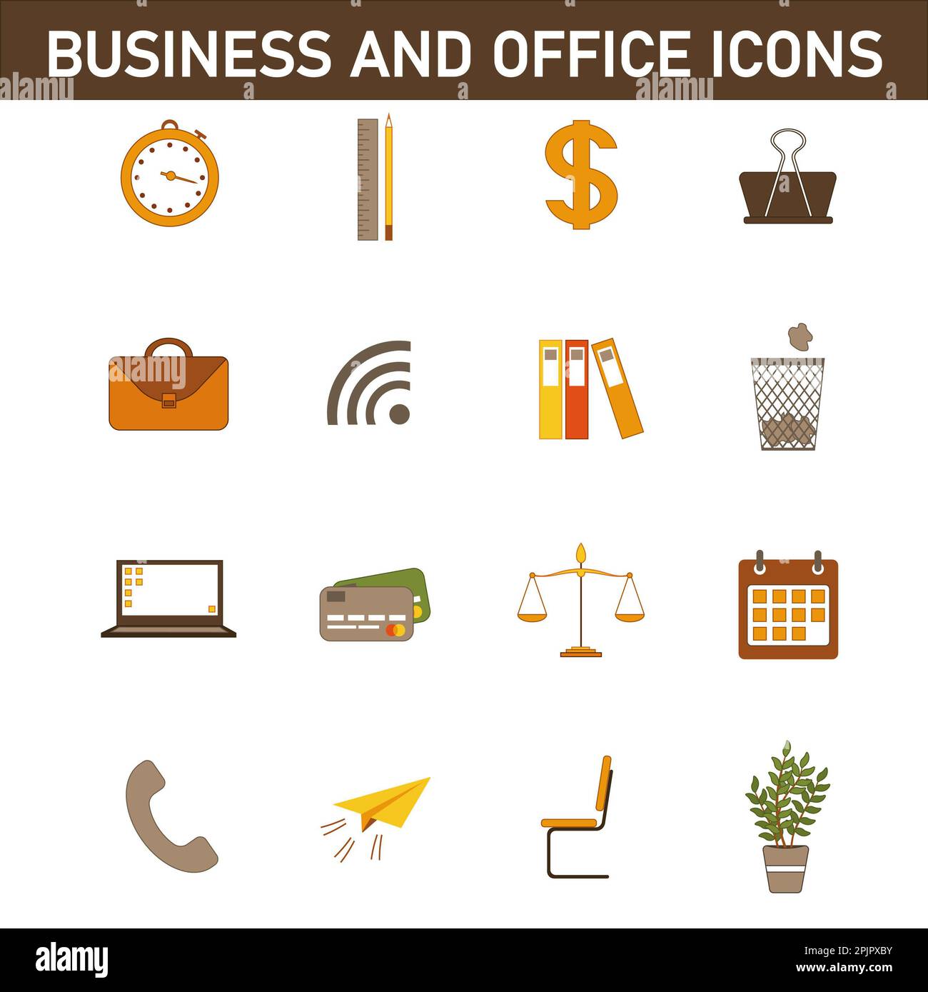 Eine Sammlung mehrfarbiger Flachsymbole zum Thema: Geschäft und Büro. Isoliert auf weißem Hintergrund. Stockfoto