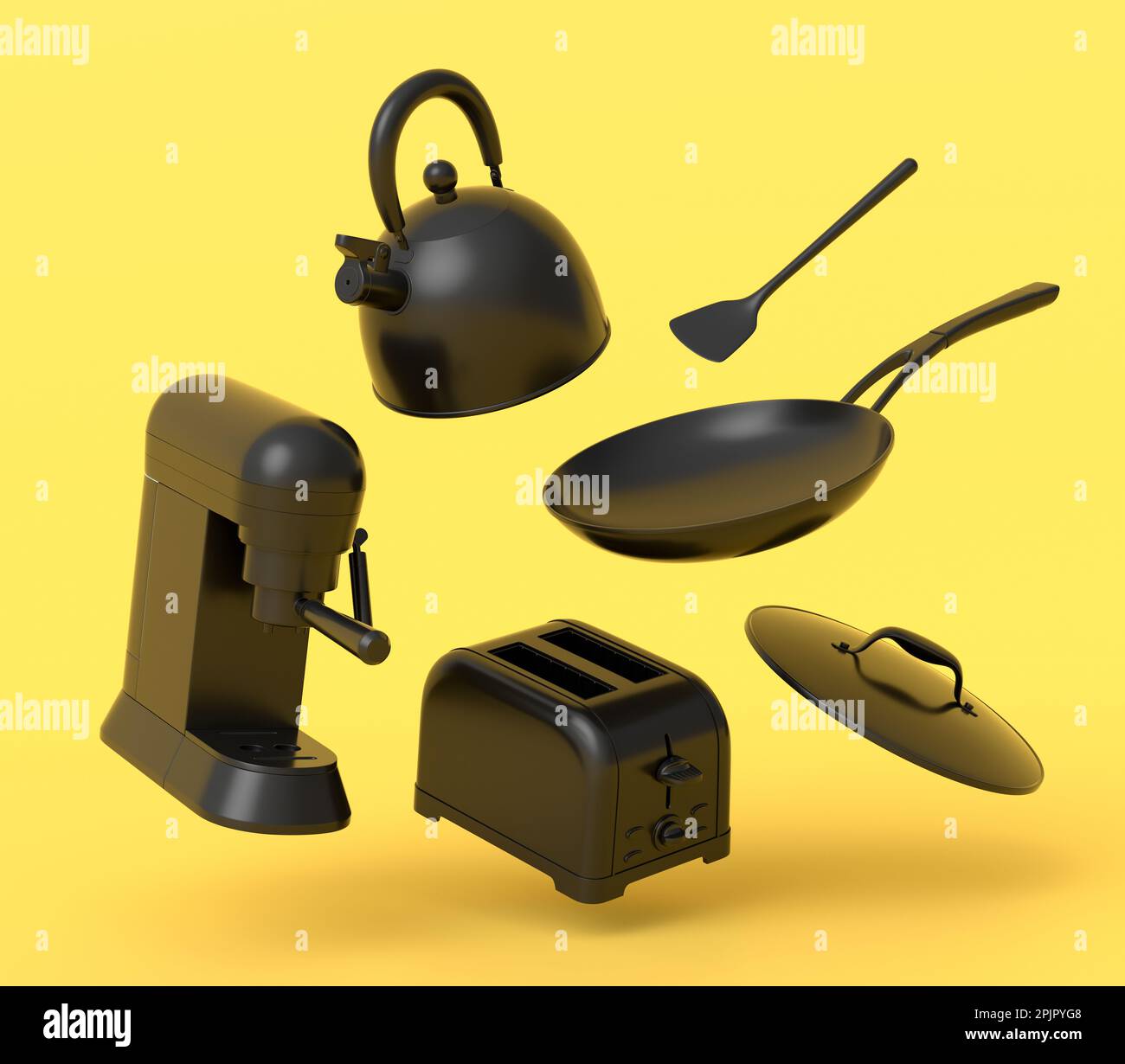Espressomaschine, Handmixer, Wasserkocher und Toaster für die Zubereitung des Frühstücks auf monochromem Hintergrund. 3D Render der Kaffeeanne für die Herstellung von Latte Stockfoto