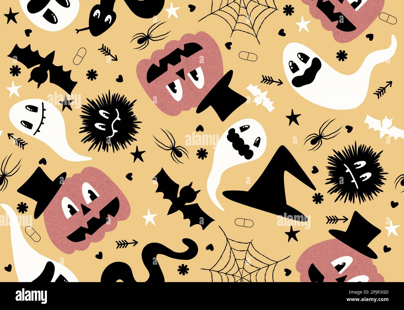 Halloween Geist nahtlose Cartoon Spinne und Web-und Schädel-Muster zum Einwickeln Papier und Kleidung drucken und Kinder-Accessoires und Stoffe und gif-Box. Stockfoto