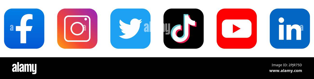 Die wichtigsten Logos für soziale Medien. Facebook, instagram, twitter, tiktok, youtube, linkedin. Editorsymbole für Vektoren Stock Vektor