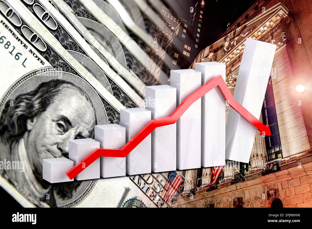 Wirtschaftsdiagramm: Pfeil nach unten, Bargeldwechsel und New Yorker Börse (Aktien, Konkurs, Geld, Geschäft, Inflation, Krise, Märkte) Stockfoto