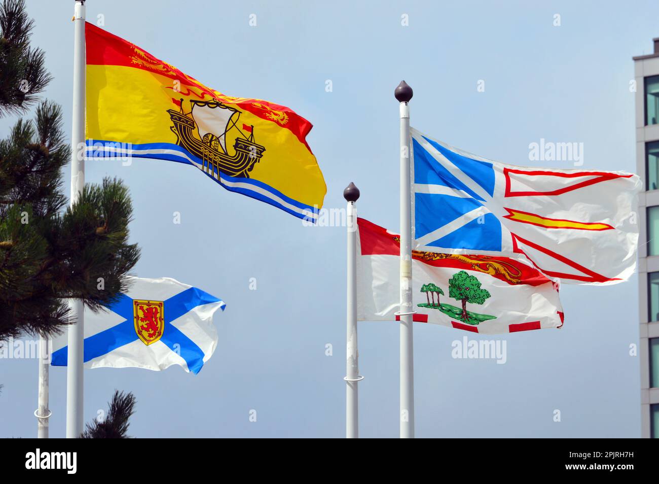 Flaggen der vier atlantischen kanadischen Provinzen (Nova Scotia, New Brunswick, Neufundland und Labrador, Prince Edward Island) am Flughafen Halifax Stockfoto