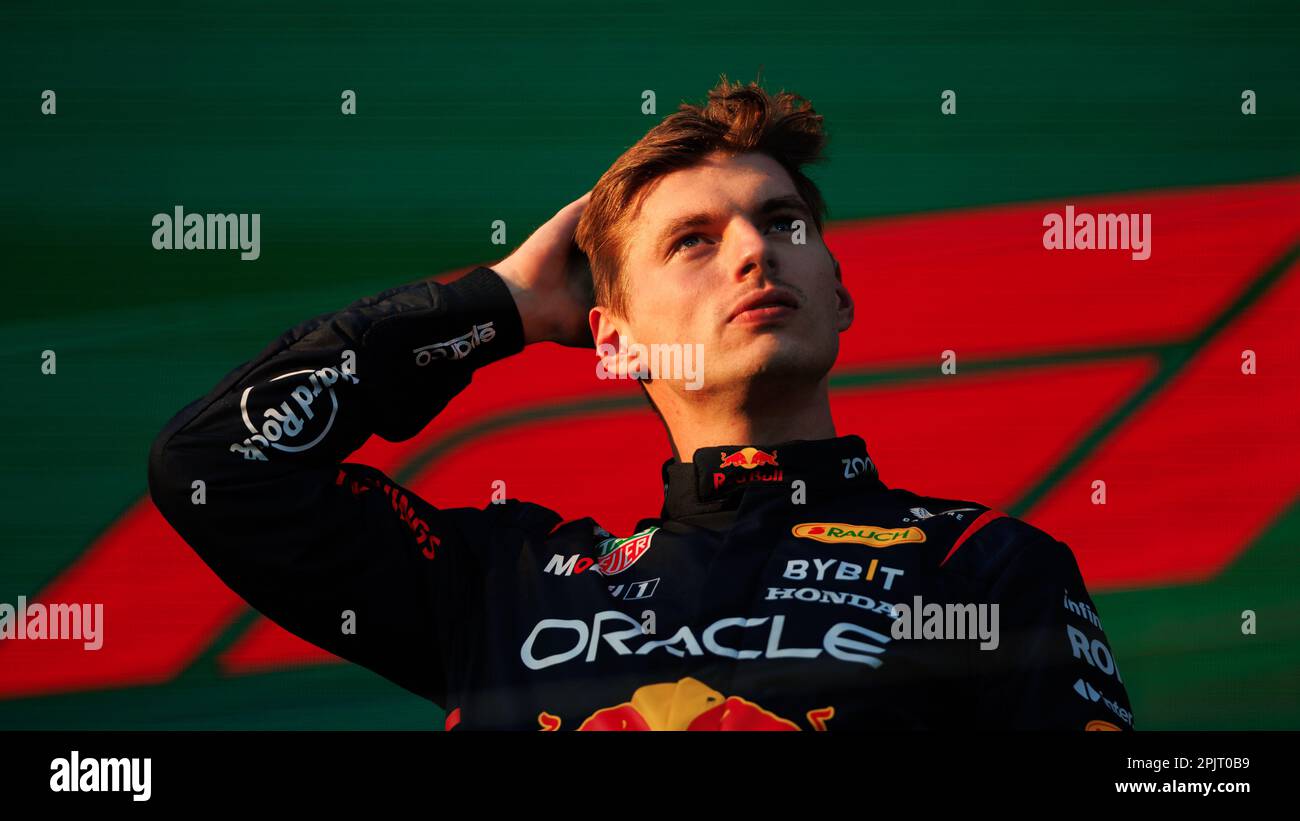 Melbourne, Australien. 02. April 2023. MELBOURNE, AUSTRALIEN, Albert Park Street Circuit, 2. April: Podium des Rennsiegers Max Verstappen (NED) des Teams Red Bull während des australischen Formel 1 Grand Prix auf dem Albert Park Street Circuit am 2. April 2023. Formel 1 – F1 Motorsport, gebührenpflichtiges Bild, Foto und Copyright © PETERSON Mark ATP Images (PETERSON Mark/ATP/SPP) Guthaben: SPP Sport Press Photo. Alamy Live News Stockfoto