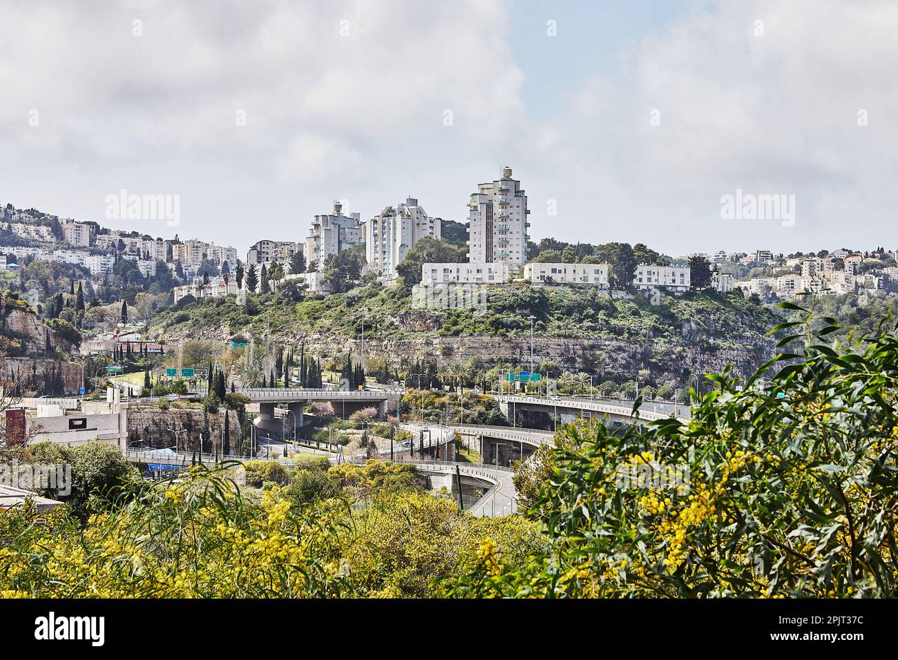 Straßenkreuzung in Haifa City und Stadthäuser im Frühling im Grünen Stockfoto