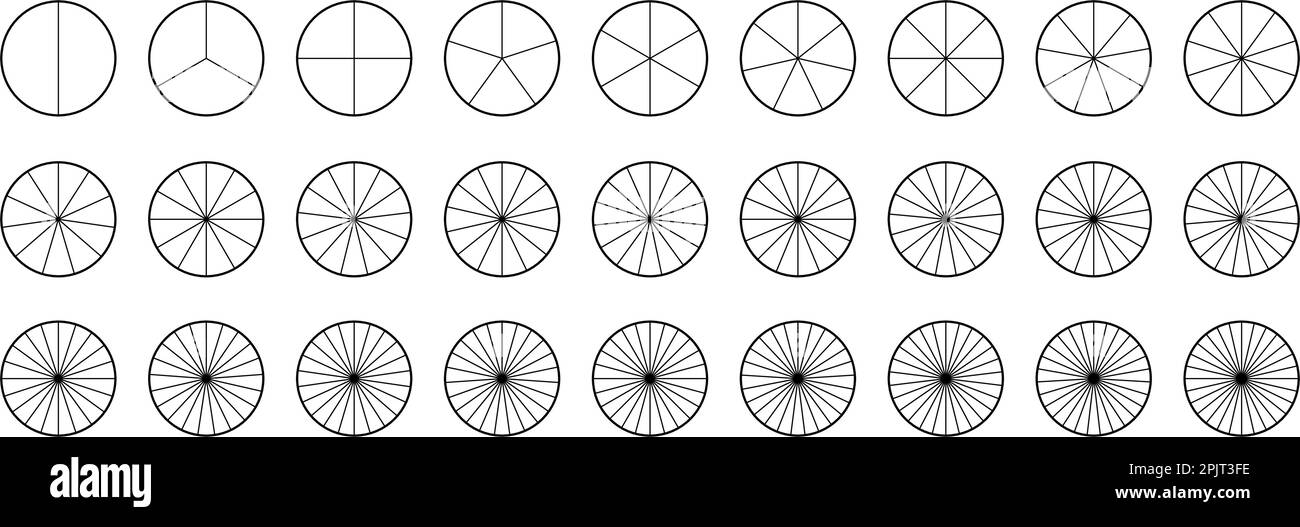 Collection „Kreissegmente“. Tortendiagramme werden festgelegt. Runde Schnitte und Scheiben werden verpackt. Von 2 bis 28 Segmenten von Infografiken. Verschiedene Phasen und Phasen des Zyklus. Vektor Stock Vektor