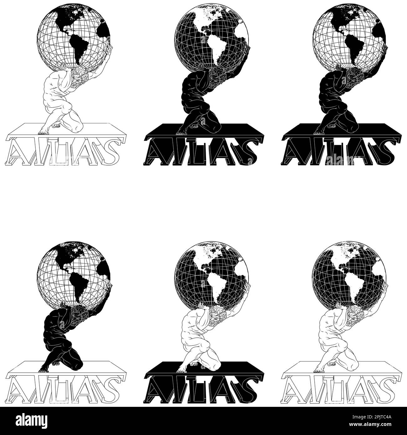 Vektordesign des titan Atlas hält den Planeten Erde auf seinen Schultern, titan aus der griechischen Mythologie hält die Erdensphäre Stock Vektor