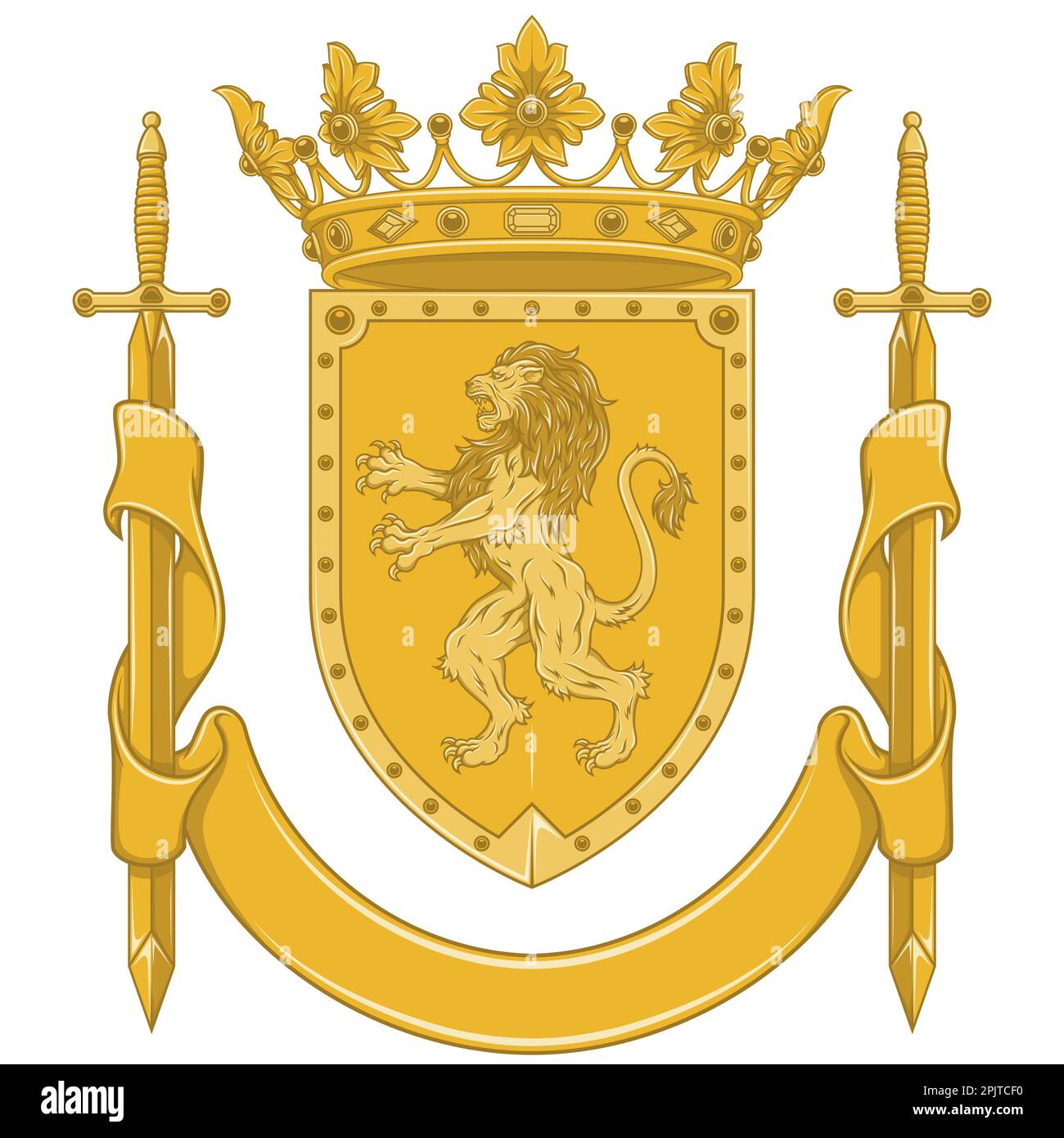 Vektordesign eines heraldischen mittelalterlichen Schilds, edles Schild der europäischen Monarchie mit wilden Löwen, Kronen, Band und Schwertern Stock Vektor