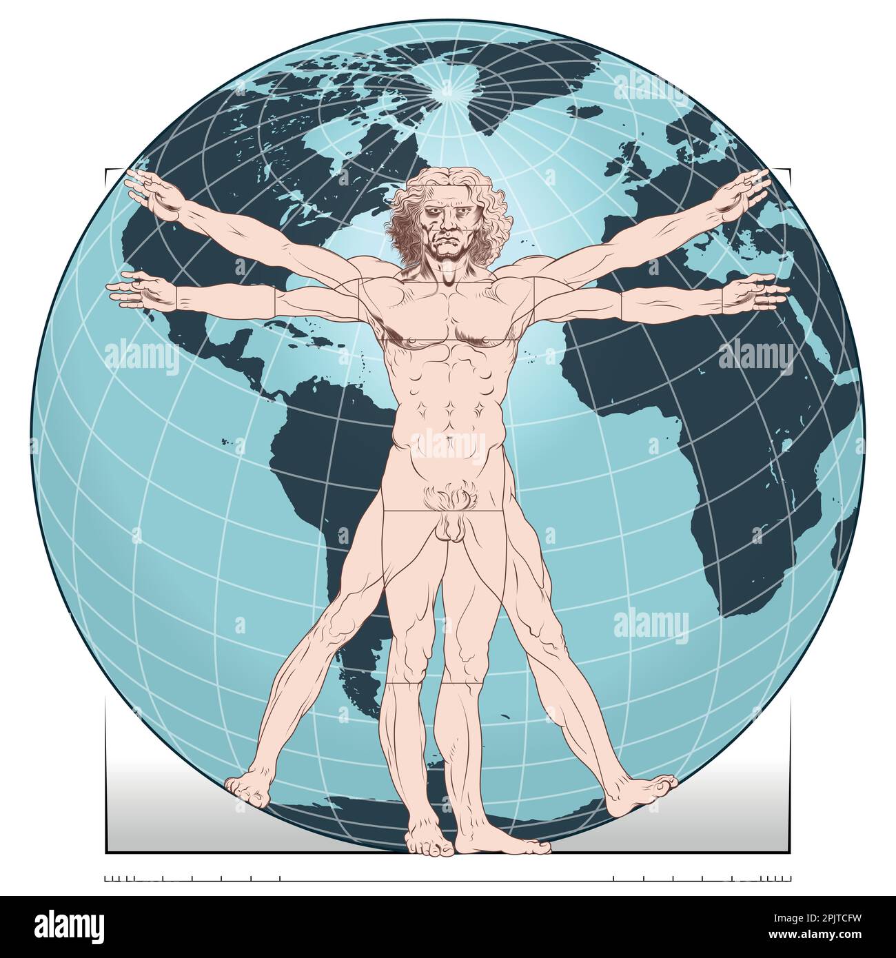 Vektordesign von Leonardo da Vincis vitruvianischem Mann, Studie über die idealen Proportionen des menschlichen Körpers, mit dem Planeten Erde im Hintergrund Stock Vektor