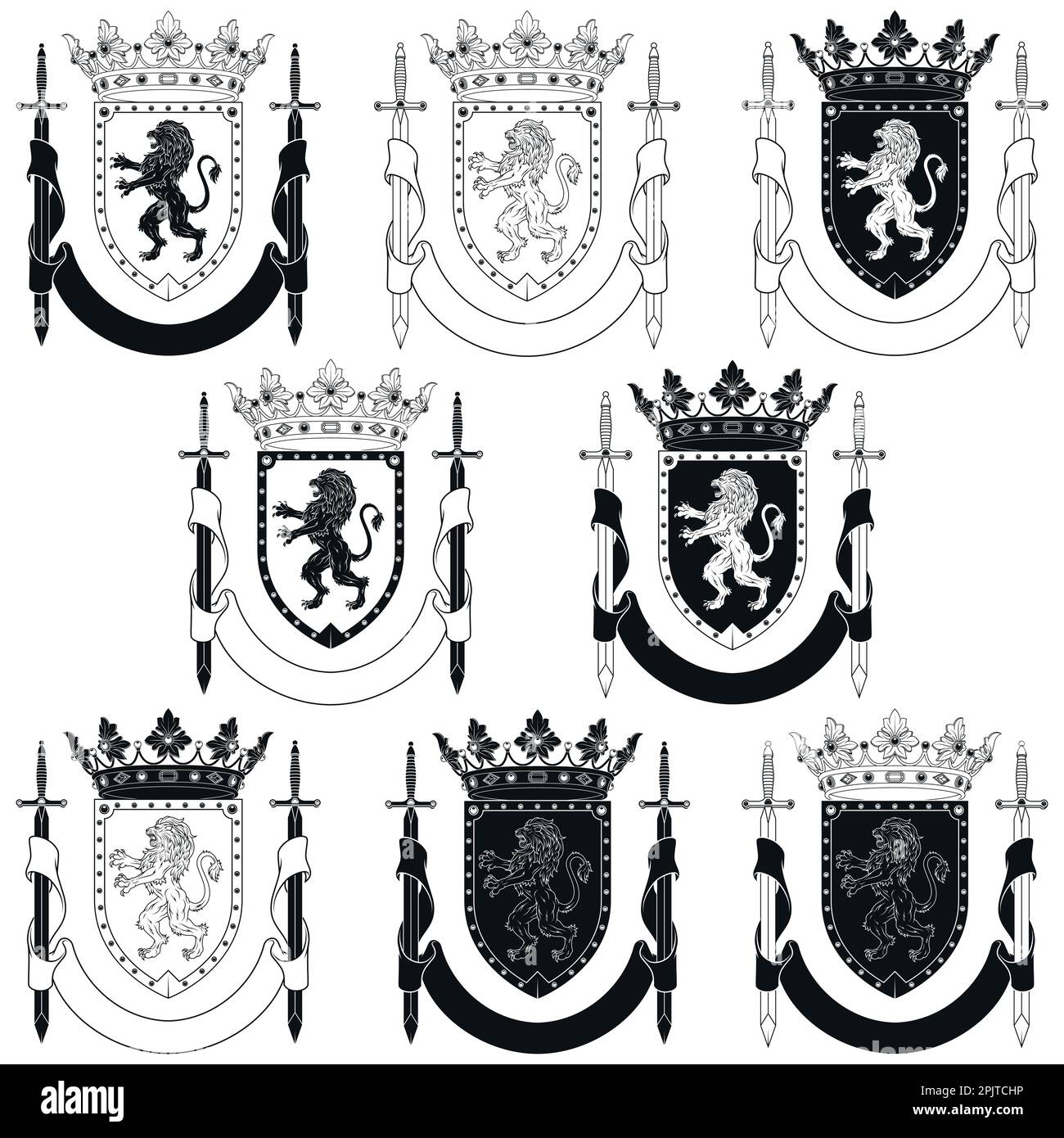 Vektordesign eines heraldischen mittelalterlichen Schilds, edles Schild der europäischen Monarchie mit wilden Löwen, Kronen, Band und Schwertern Stock Vektor